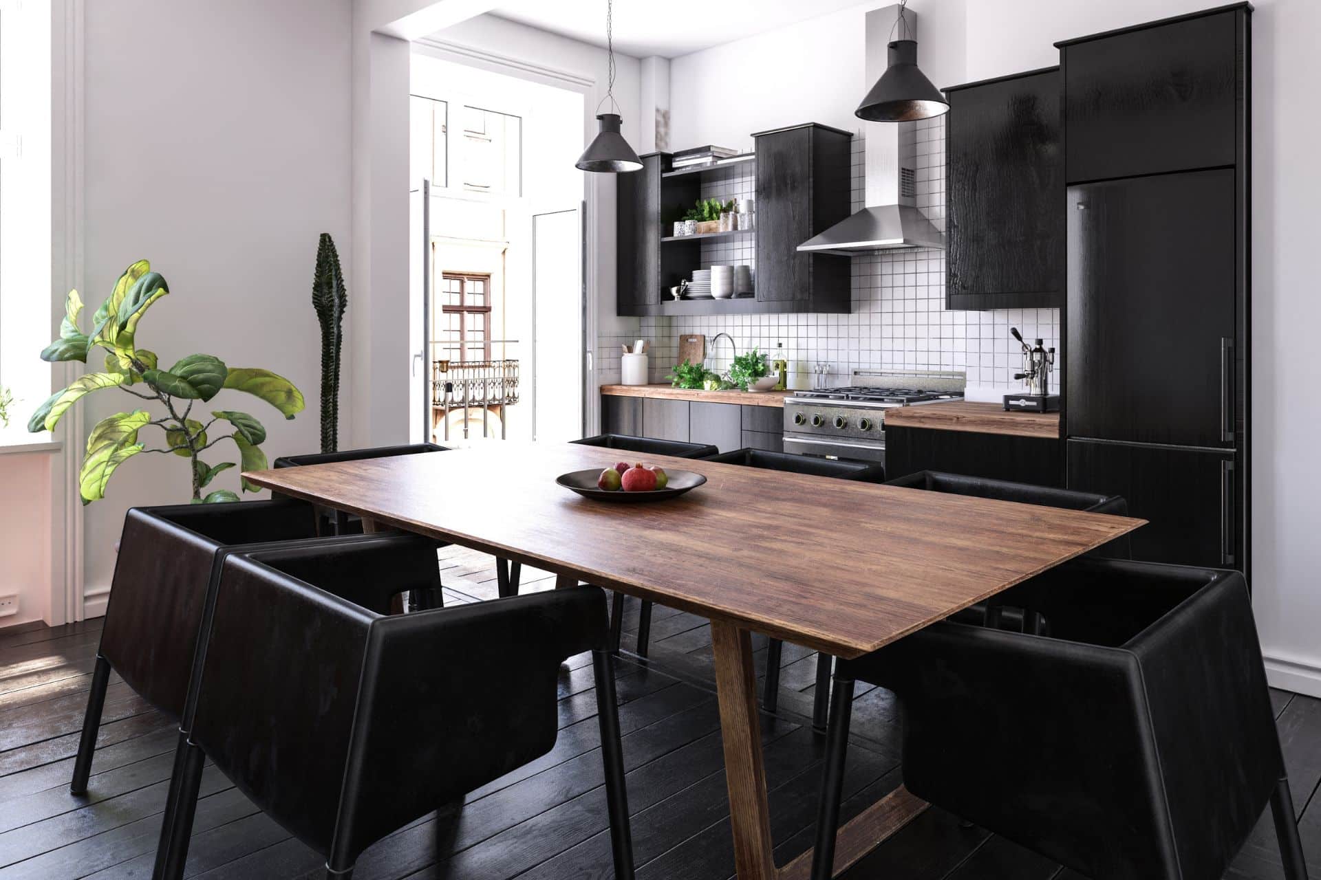 black wood flooring kitchen